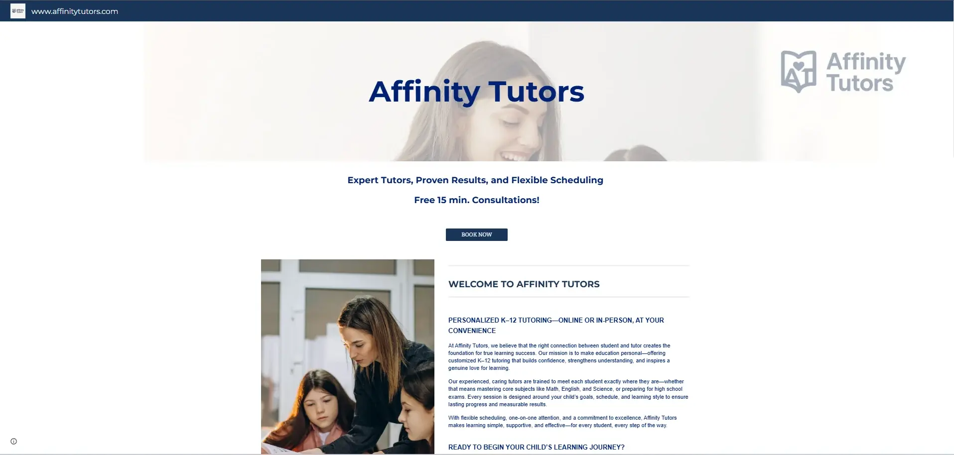 Affinity Tutors original website before rebuild