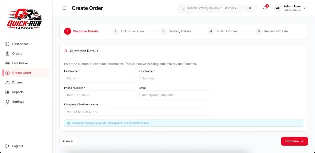 Quick Run Express create order screen