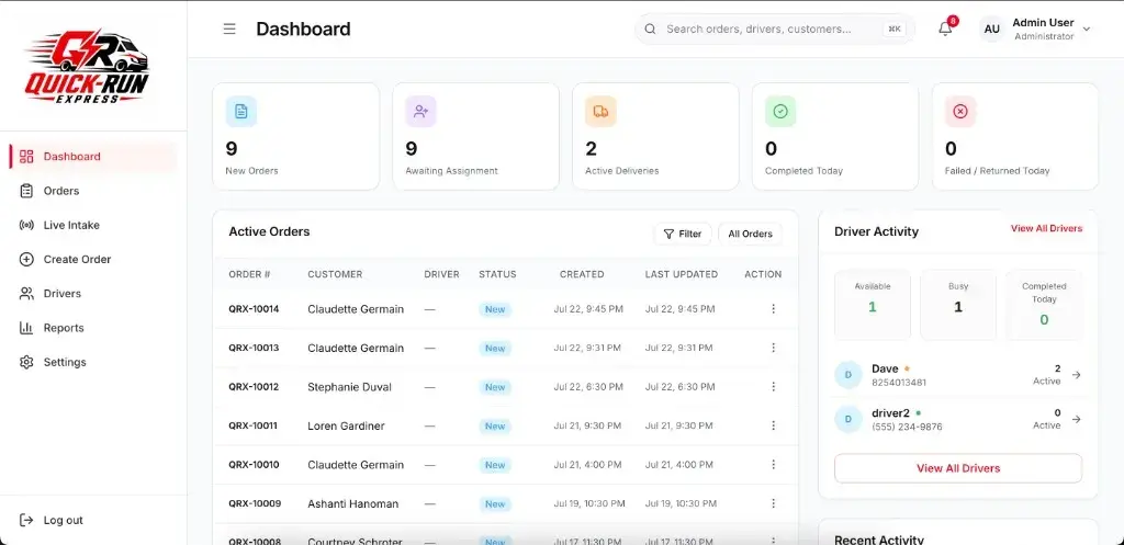Quick Run Express admin dashboard