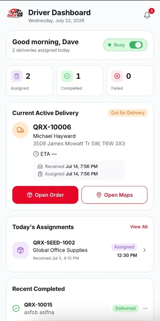 Quick Run Express driver dashboard