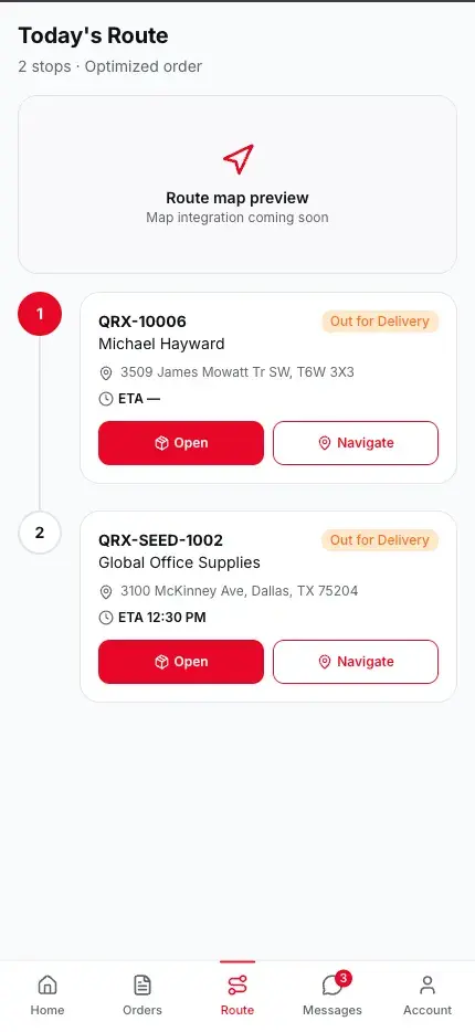 Quick Run Express driver route