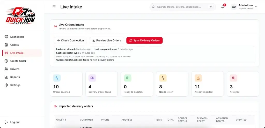 Quick Run Express live intake