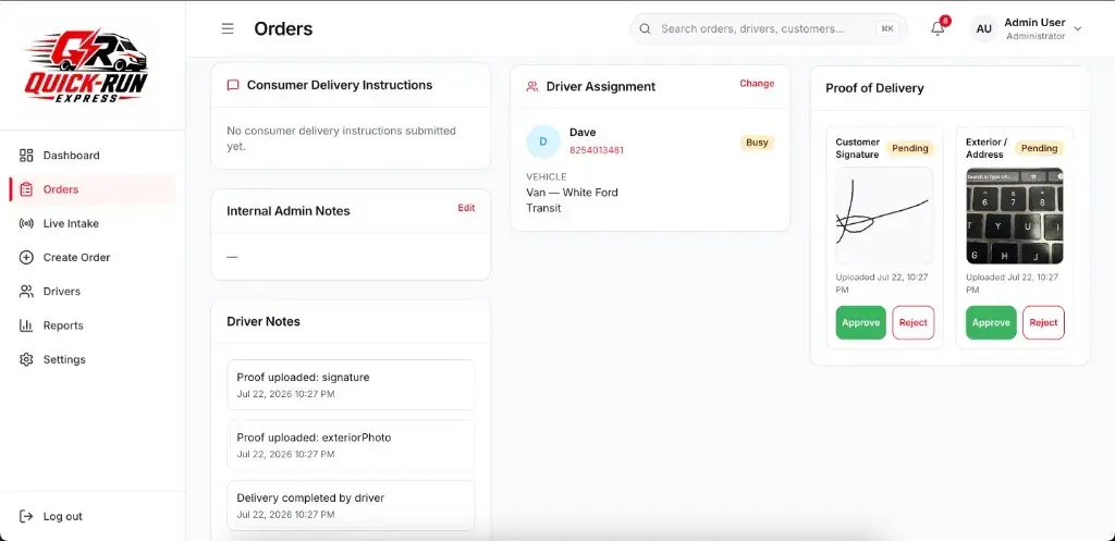 Quick Run Express proof of delivery